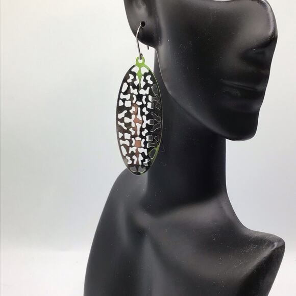 Sterling Silver Oval Cutout Dangle Earrings Hook 5.3g Modern Abstract Design - Picture 8 of 15